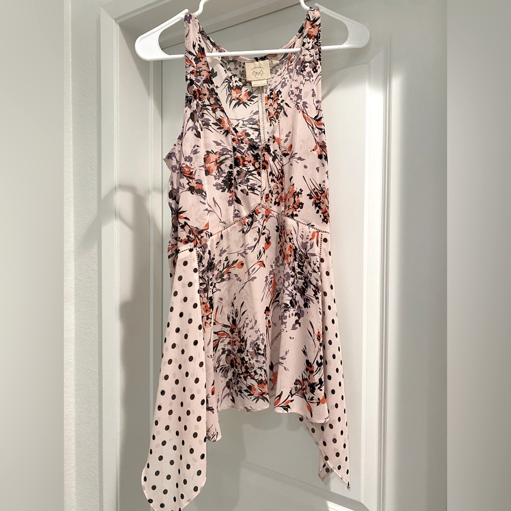 Anthropologie Vanessa Virginia Sheer Tunic. Pink w/ floral and polka dot